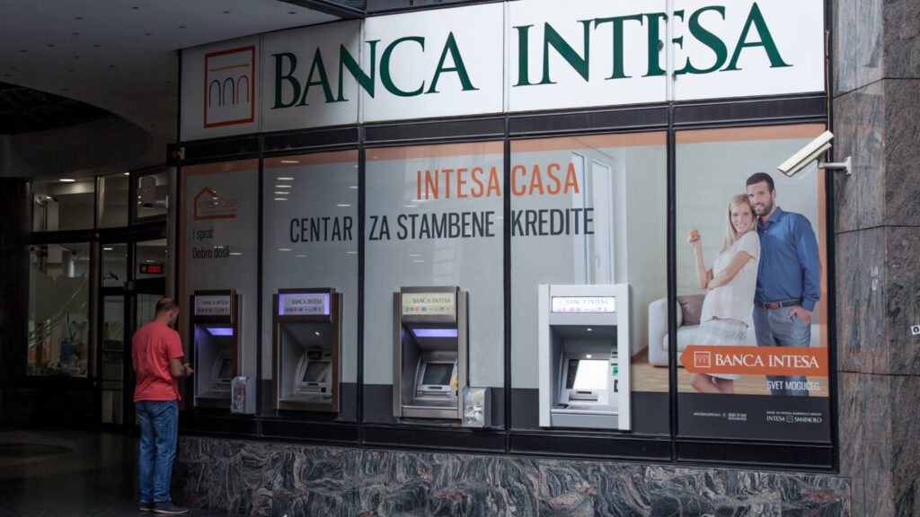 A bank of ATM machines owned by Intesa Sanpaolo bank